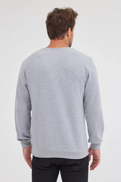 Erkek Gri Standart Fit Normal Kesim Pamuklu Basic Bisiklet Yaka Sweatshirt MTLCE113-Gri - 7