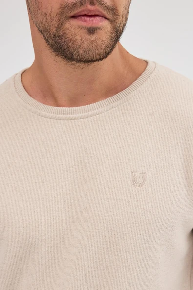 Erkek Bej Standart Fit Normal Kesim Pamuklu Basic Bisiklet Yaka Sweatshirt MTLCE113-Bej - 6