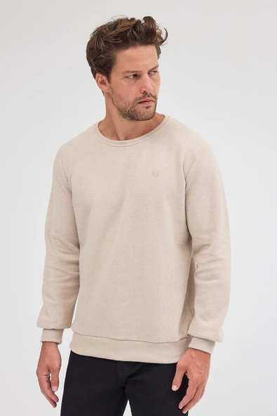 Erkek Bej Standart Fit Normal Kesim Pamuklu Basic Bisiklet Yaka Sweatshirt MTLCE113-Bej - 3