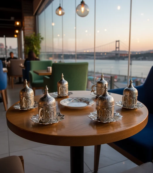 Ahsen 6 Kişilik Kapaklı Lale Desenli Türk Kahve Fincanı 24 Parça Gümüş Renkli - 3