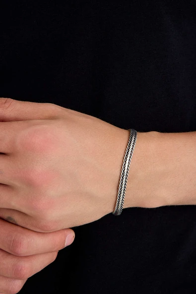 ANDA 925 Ayar Gümüş Oksitli Yassı Balık Sırtı Tilki Kuyruğu Bileklik 6 mm genişlik - Resim 4