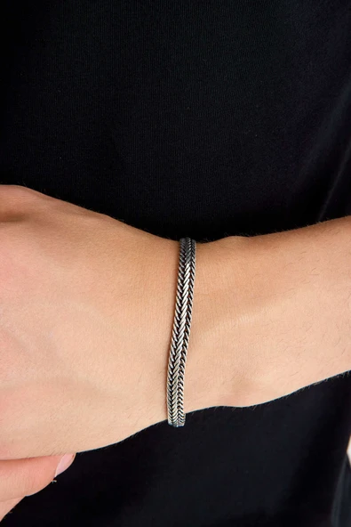 ANDA 925 Ayar Gümüş Erkek Oksitli Balık Sırtı Bileklik 6 mm 21 cm