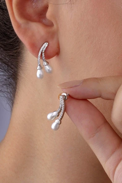 Gümüş Pazarım İnci Taneli Beyaz Altın Kaplama Kadın 925 Ayar Gümüş Küpe