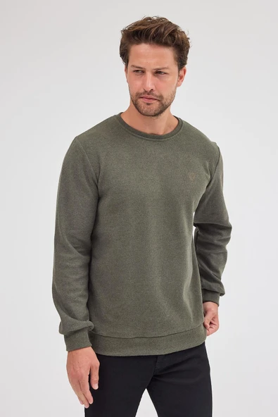 Erkek Haki Standart Fit Normal Kesim Pamuklu Basic Bisiklet Yaka Sweatshirt MTLCE113-Haki - 2