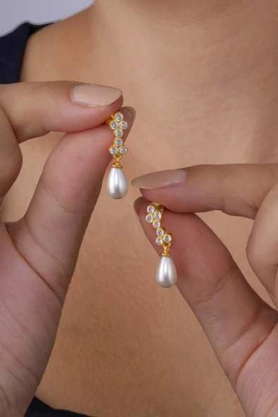 Gümüş Pazarım Damla Kesim İnci Taneli Altın Kaplama Gümüş Kadın Küpe - 3