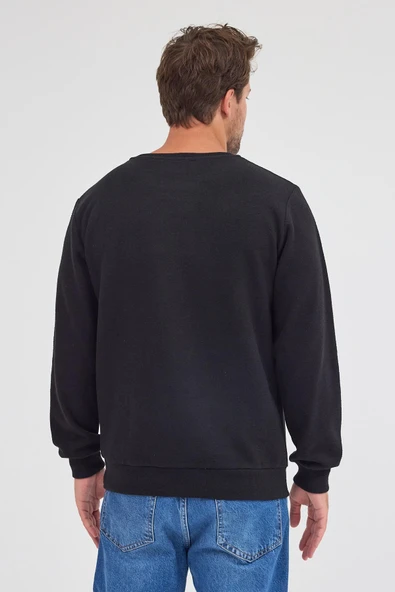 Erkek Siyah Standart Fit Normal Kesim Pamuklu Basic Bisiklet Yaka Sweatshirt MTLCE113-Siyah - 7