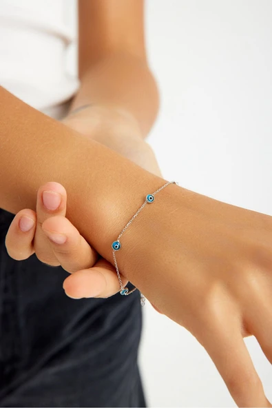 ANDA 925 Ayar Gümüş Kadın Zirkon Taşlı Cam Göz Nazar Bileklik Kadın Bileklik