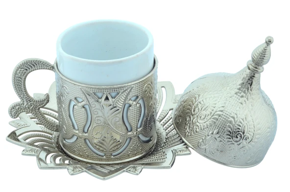 Ahsen 6 Kişilik Kapaklı Lale Desenli Türk Kahve Fincanı 24 Parça Gümüş Renkli - 6