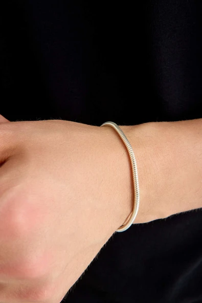 ANDA 3mm Yuvarlak Yılan 925 Ayar Gümüş Zincir Bileklik Yılan Bileklik Yılan Zincir - Resim 2