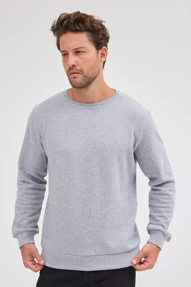 Erkek Gri Standart Fit Normal Kesim Pamuklu Basic Bisiklet Yaka Sweatshirt MTLCE113-Gri