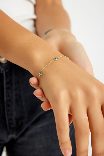 ANDA 925 Ayar Gümüş Kadın Zirkon Taşlı Cam Göz Nazar Bileklik Kadın Bileklik - Resim 2