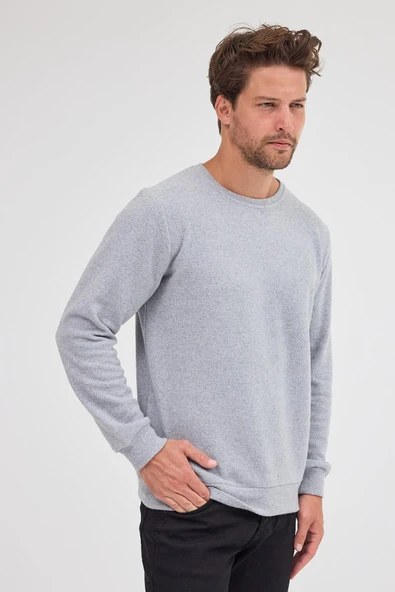Erkek Gri Standart Fit Normal Kesim Pamuklu Basic Bisiklet Yaka Sweatshirt MTLCE113-Gri - 4