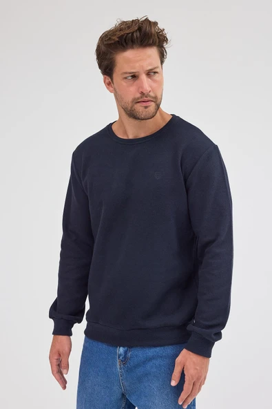 Erkek Lacivert Standart Fit Normal Kesim Pamuklu Basic Bisiklet Yaka Sweatshirt MTLCE113-Lacivert - 6