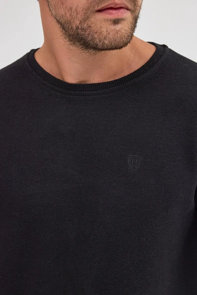 Erkek Siyah Standart Fit Normal Kesim Pamuklu Basic Bisiklet Yaka Sweatshirt MTLCE113-Siyah - 6