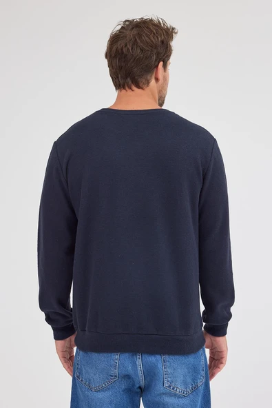Erkek Lacivert Standart Fit Normal Kesim Pamuklu Basic Bisiklet Yaka Sweatshirt MTLCE113-Lacivert - 7