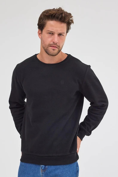 Erkek Siyah Standart Fit Normal Kesim Pamuklu Basic Bisiklet Yaka Sweatshirt MTLCE113-Siyah - 5