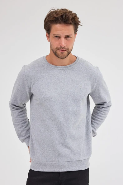 Erkek Gri Standart Fit Normal Kesim Pamuklu Basic Bisiklet Yaka Sweatshirt MTLCE113-Gri - 3