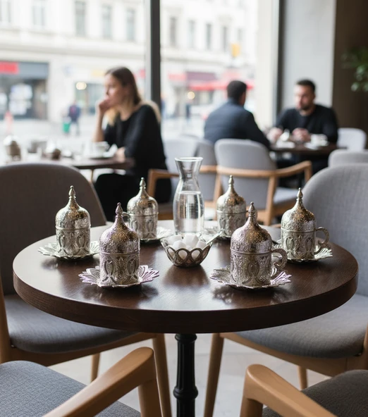 Ahsen 6 Kişilik Kapaklı Lale Desenli Türk Kahve Fincanı 24 Parça Gümüş Renkli - 4