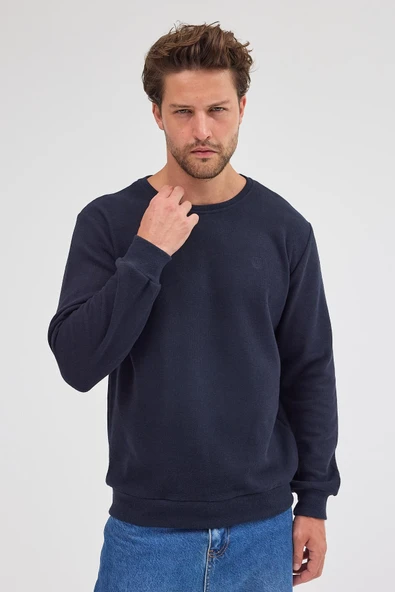 Erkek Lacivert Standart Fit Normal Kesim Pamuklu Basic Bisiklet Yaka Sweatshirt MTLCE113-Lacivert - 2