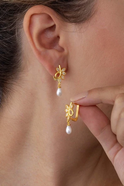 Gümüş Pazarım Kelebek Model İnci Taneli Altın Kaplama Gümüş Kadın Küpe - Resim 3