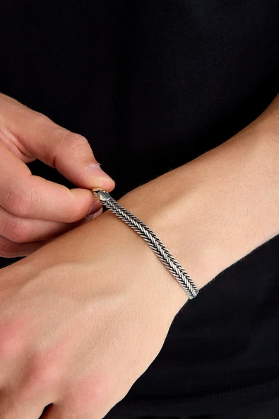 ANDA 925 Ayar Gümüş Erkek Oksitli Balık Sırtı Bileklik 6 mm 21 cm - 2