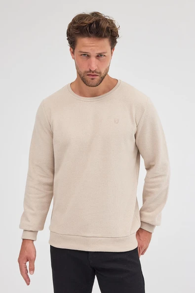 Erkek Bej Standart Fit Normal Kesim Pamuklu Basic Bisiklet Yaka Sweatshirt MTLCE113-Bej - 5