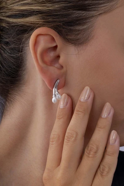 Gümüş Pazarım İnci Taneli Beyaz Altın Kaplama Kadın 925 Ayar Gümüş Küpe - 3