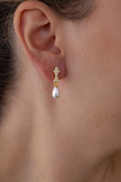 Gümüş Pazarım Damla Kesim İnci Taneli Altın Kaplama Gümüş Kadın Küpe - 2