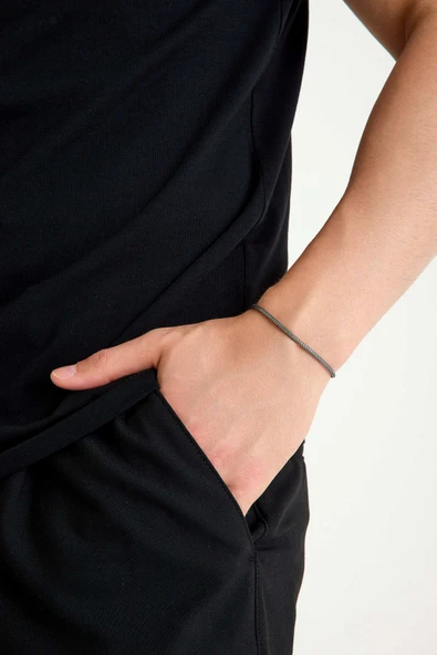 ANDA 925 Ayar Gümüş Oksitli Erkek Yuvarlak Bileklik Hint Bileklik 2.5 mm 21 cm - 4