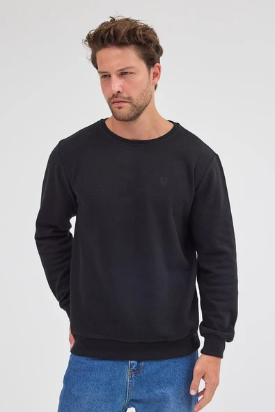Erkek Siyah Standart Fit Normal Kesim Pamuklu Basic Bisiklet Yaka Sweatshirt MTLCE113-Siyah - 4