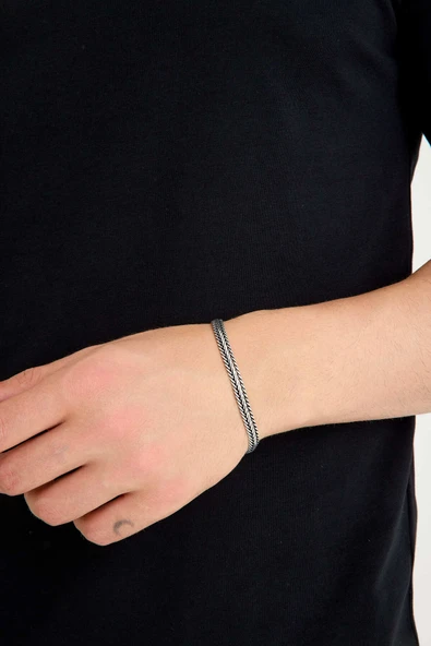 ANDA 925 Ayar Gümüş Oksitli Yassı Balık Sırtı Tilki Kuyruğu Bileklik 6 mm genişlik - Resim 5