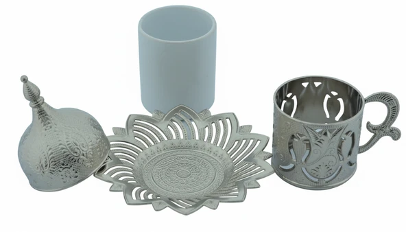 Ahsen 6 Kişilik Kapaklı Lale Desenli Türk Kahve Fincanı 24 Parça Gümüş Renkli - 7