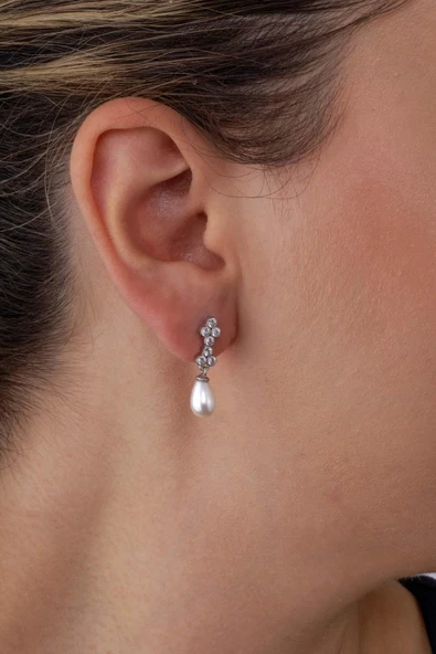 Gümüş Pazarım Damla Kesim İnci Taneli Beyaz Altın Kaplama Gümüş Kadın Küpe - 2