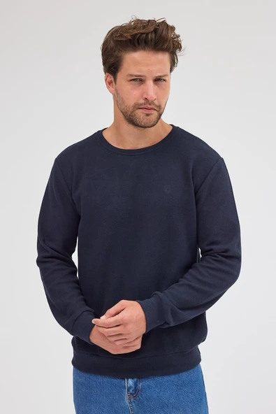 Erkek Lacivert Standart Fit Normal Kesim Pamuklu Basic Bisiklet Yaka Sweatshirt MTLCE113-Lacivert - 4