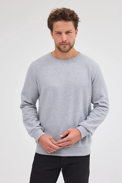 Erkek Gri Standart Fit Normal Kesim Pamuklu Basic Bisiklet Yaka Sweatshirt MTLCE113-Gri - 5