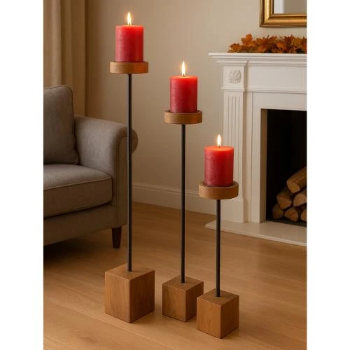 Dekoratif 3 Lü Uzun Şamdan & Mumluk Metal Black wood