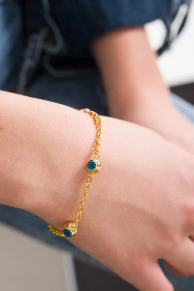 ANDA 925 Ayar Gümüş 14 Ayar Altın Kaplama Cam Göz Bileklik Nazar Bileklik - Resim 4