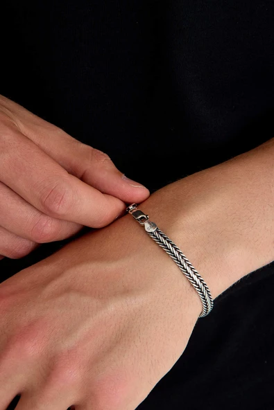 ANDA 925 Ayar Gümüş Oksitli Yassı Balık Sırtı Tilki Kuyruğu Bileklik 6 mm genişlik - Resim 2