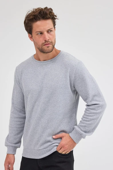 Erkek Gri Standart Fit Normal Kesim Pamuklu Basic Bisiklet Yaka Sweatshirt MTLCE113-Gri - 2