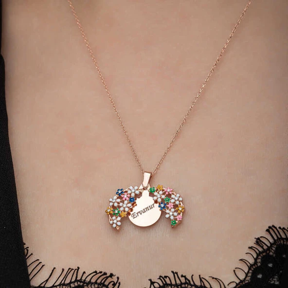 Gümüş Rose Renkli Çiçek Kişiye Özel Kadın Kolye - Resim 5