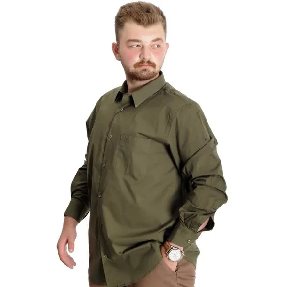 Büyük Beden Gömlek Ukol Cep Lycra Poplin 20350 Haki - 3