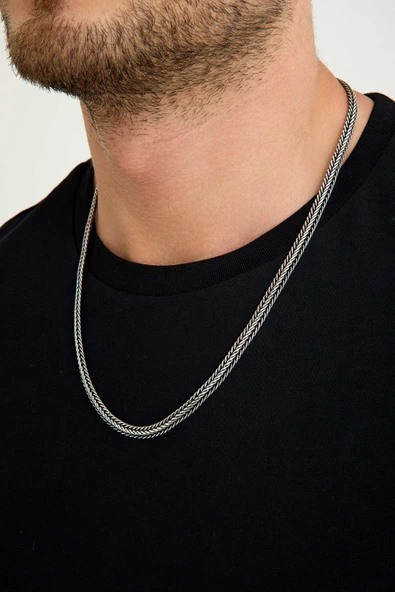 ANDA 925 Ayar Gümüş Oksitli Yassı Balık Sırtı Tilki Kuyruğu Kolye 6 mm genişlik 60 cm Uzunluk - 3