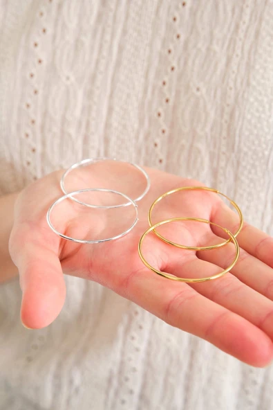 ANDA 925 Ayar Gümüş 18k Altın Kaplama Halka Küpe 4.6 Cm - 1