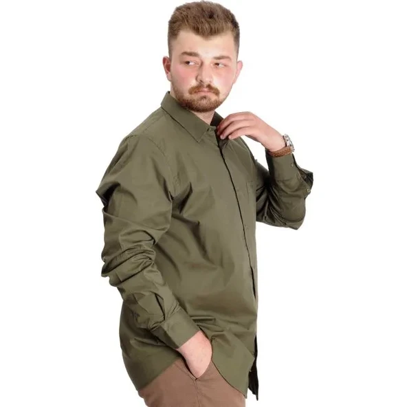 Büyük Beden Gömlek Ukol Cep Lycra Poplin 20350 Haki - 2