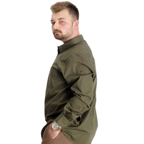Büyük Beden Gömlek Ukol Cep Lycra Poplin 20350 Haki - 4
