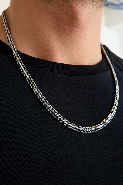 ANDA 925 Ayar Gümüş Oksitli Yassı Balık Sırtı Tilki Kuyruğu Kolye 6 mm genişlik 60 cm Uzunluk