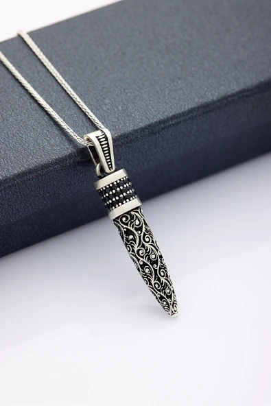 ANDA 925 Ayar Gümüş Oksitli Zirkon Taşlı Motifli Kurşun Kolye 60 cm Zincirli ürün görseli