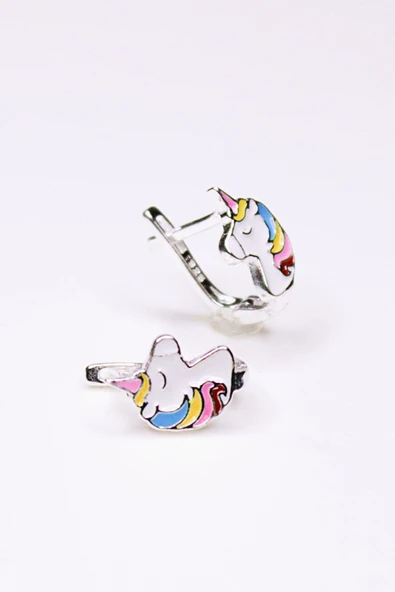 ANDA 925 Ayar Gümüş Mineli Renkli Unicorn Çocuk Küpe - 1