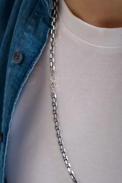 ANDA 925 Ayar Gümüş Unisex Oksitli Forse Zincir- Forse Kolye Zincir - Resim 5