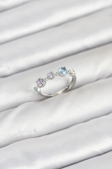 Pirinç Gümüş Renk Renkli Zirkon Taşlı Kadın Yüzük ürün görseli 1